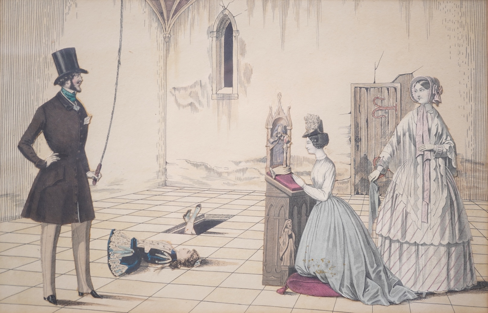 English School, 19th century, Church interior with figures